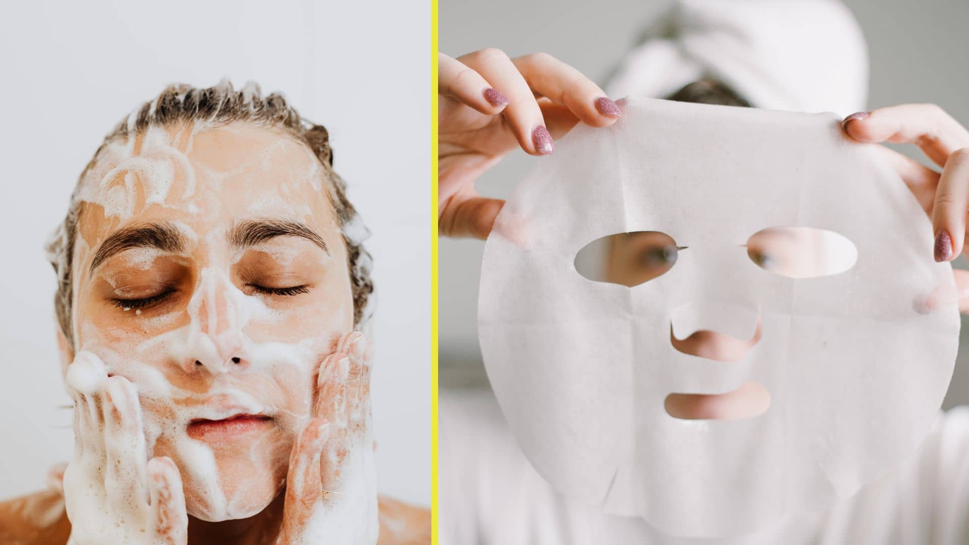 woman washing her face and applying a mask