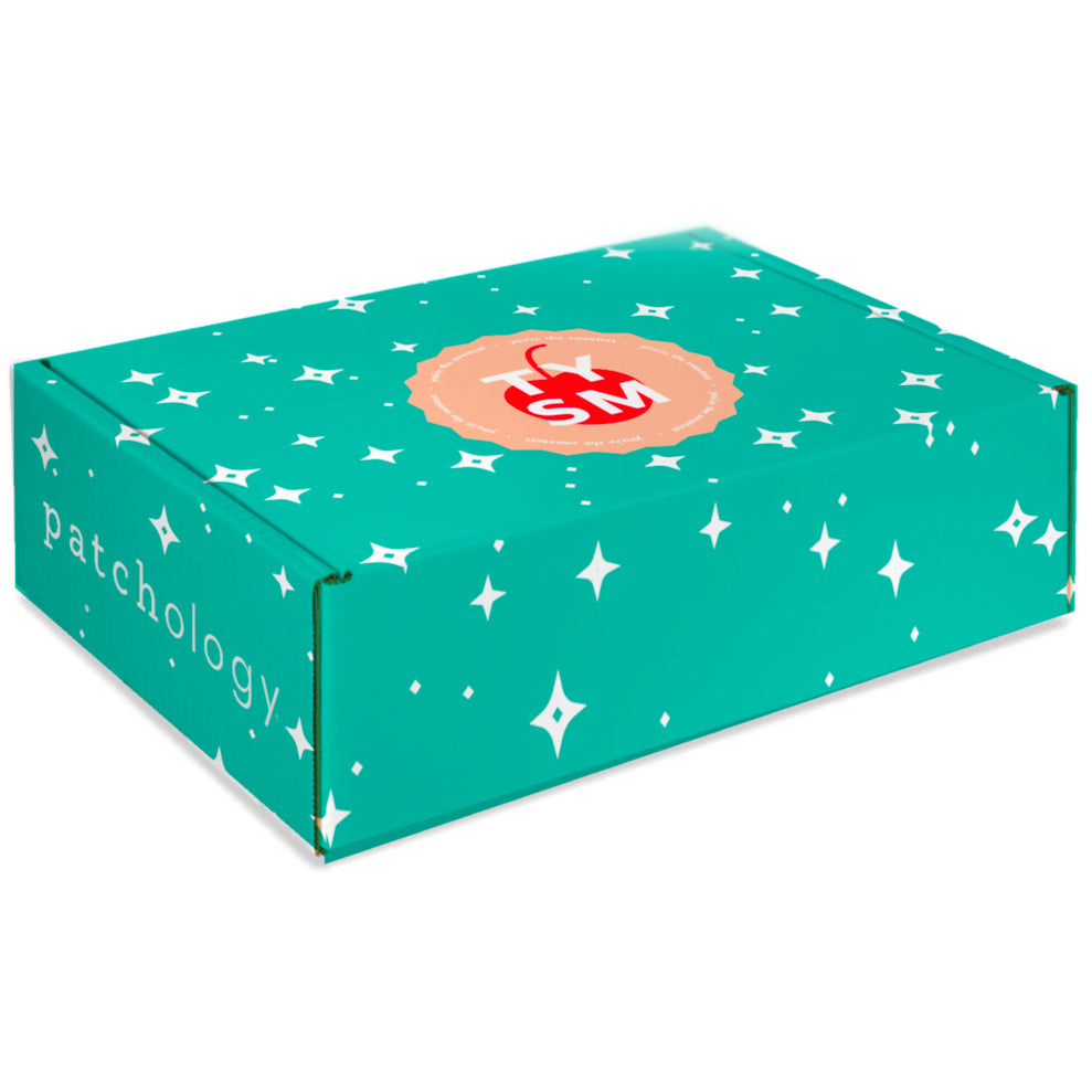Green box with star patterns and 'patchology' branding on a white background