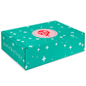 Teal box with star pattern happy birthday HBD and 'patchology' branding on a white background