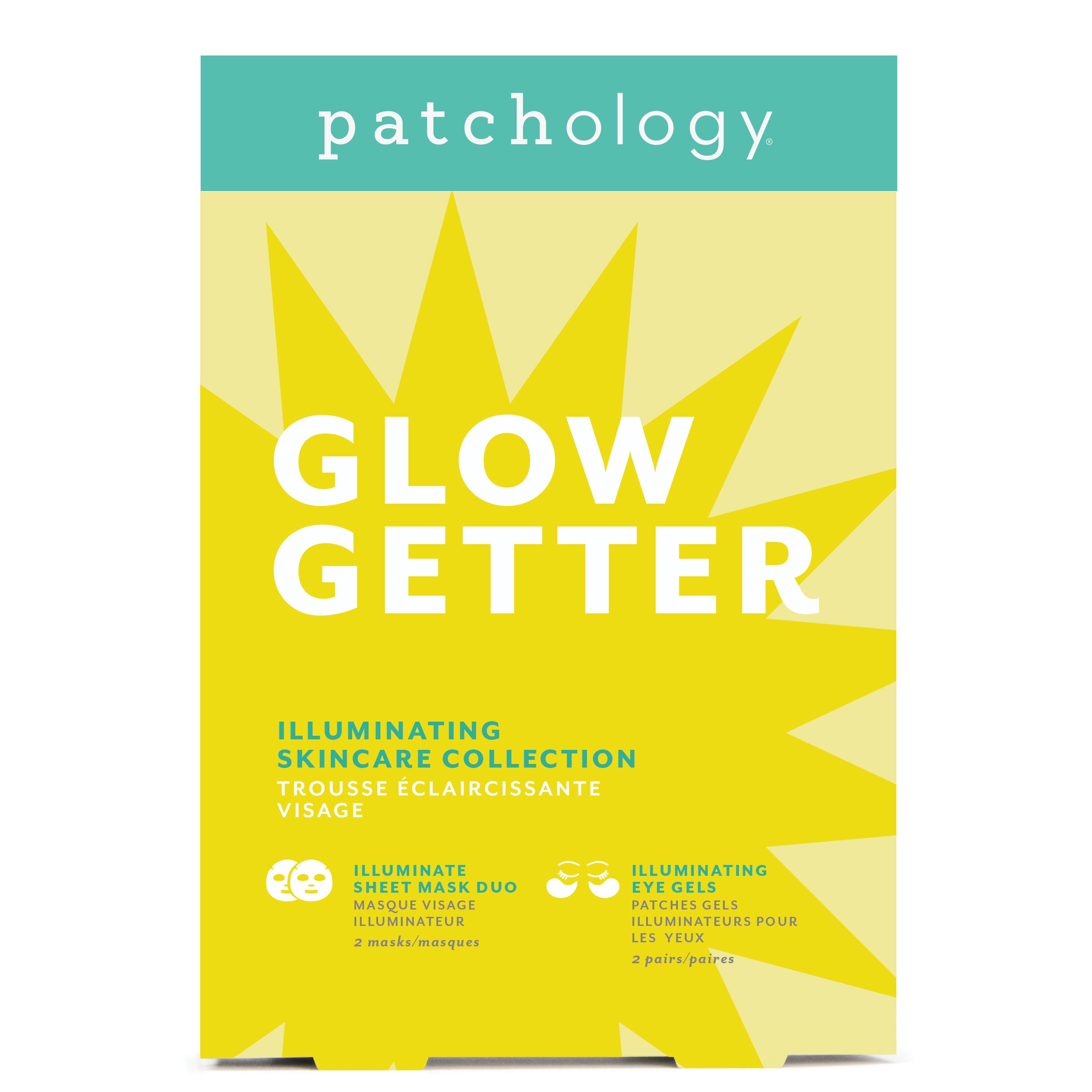 Patchology Glow Getter skincare collection packaging with sunburst design on a white background