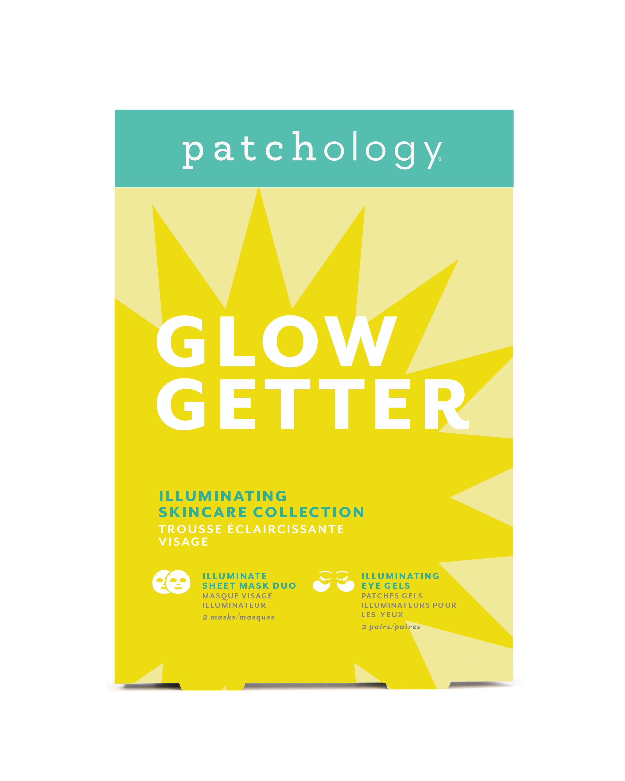 Patchology Glow Getter skincare collection packaging with sunburst design on a white background