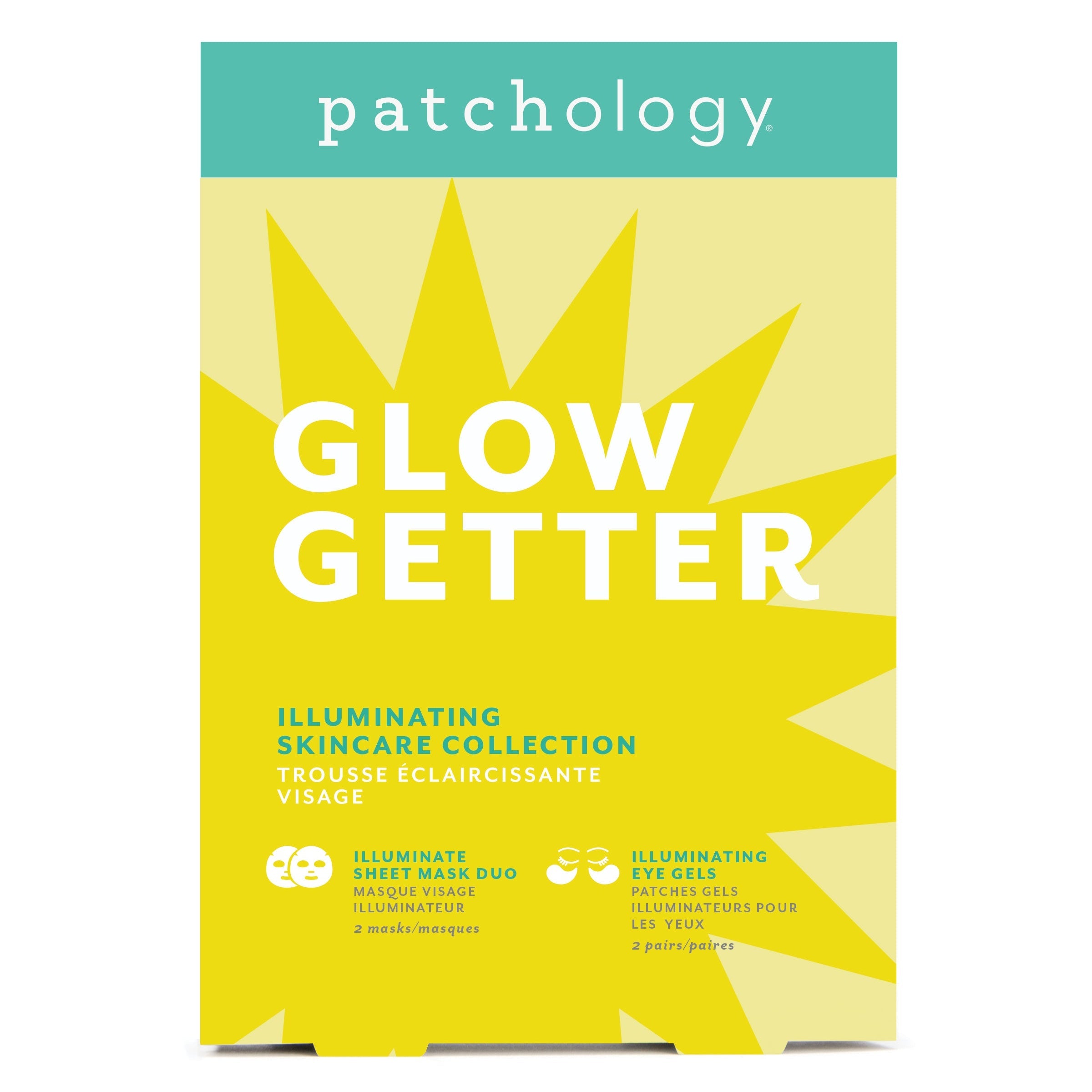 Patchology Glow Getter skincare collection packaging with sunburst design on a white background