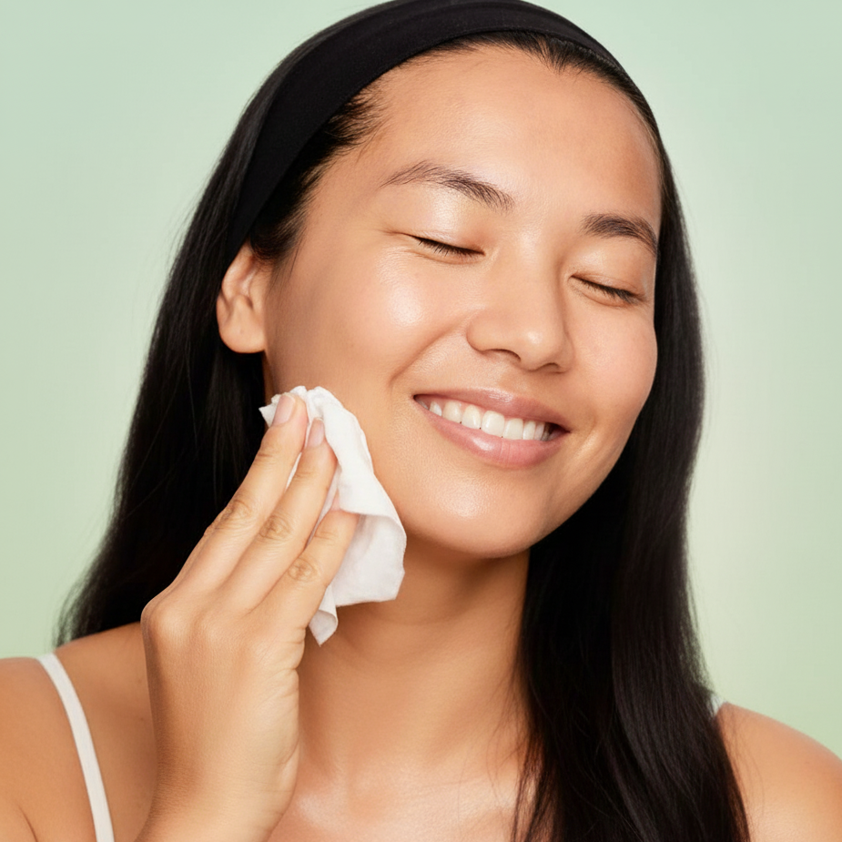 Woman cleaning her face with Clean AF wipes a white cloth against a light green background