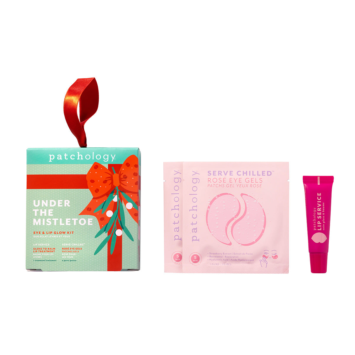 Patchology skincare products including a box labeled 'Under the Mistletoe', a pink packet, and a tube on a white background.