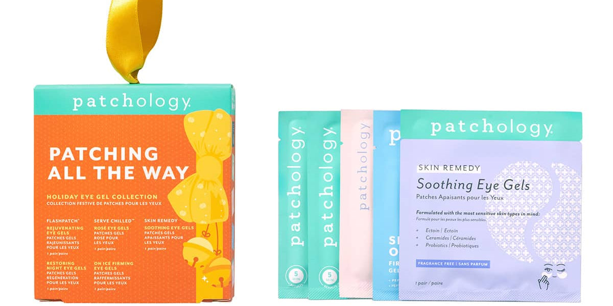 Patchology eye gel packaging with colorful design on a white background