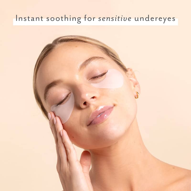 instant soothing for sensitive under-eyes woman wearing eye patches sensitive skincare