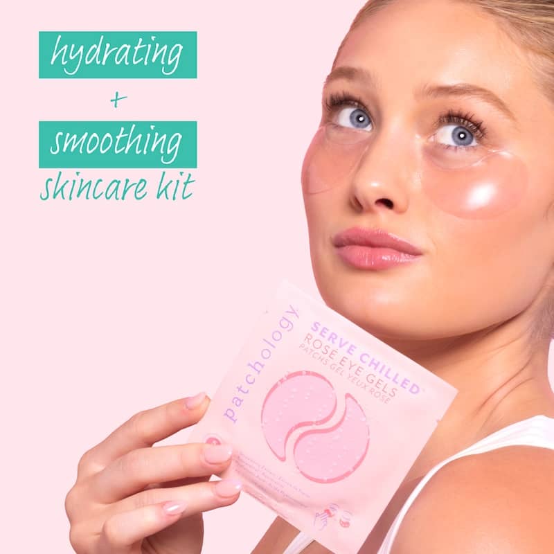 Woman wearing pink under-eye gel patches holding a rosé eye gel packet, with text reading hydrating and smoothing skincare kit