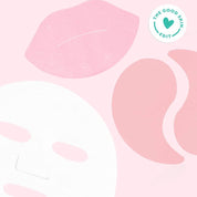Close-up flat lay of a rosé lip gel, a pair of pink eye gels, and a white sheet mask on soft pink, marked with a good skin edit seal