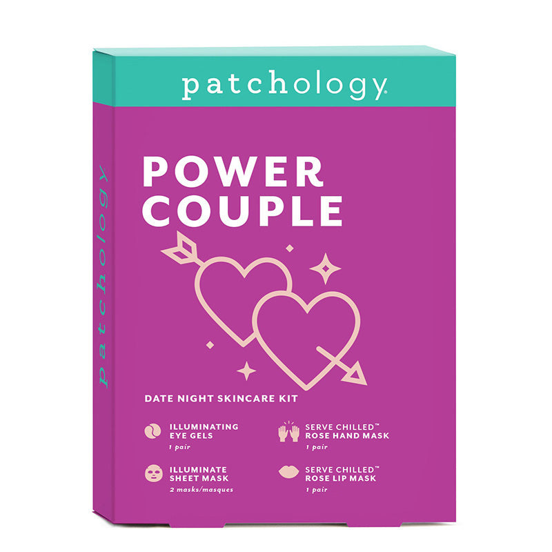 date night skincare kit packaging in vibrant pink, featuring eye gels, sheet masks, hand mask, and lip mask for a complete self-care set

