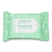 Single 15 wipes of Patchology Clean AF Cleansing Wipes in individual green pouches with white dots and text displaying the product name and count.