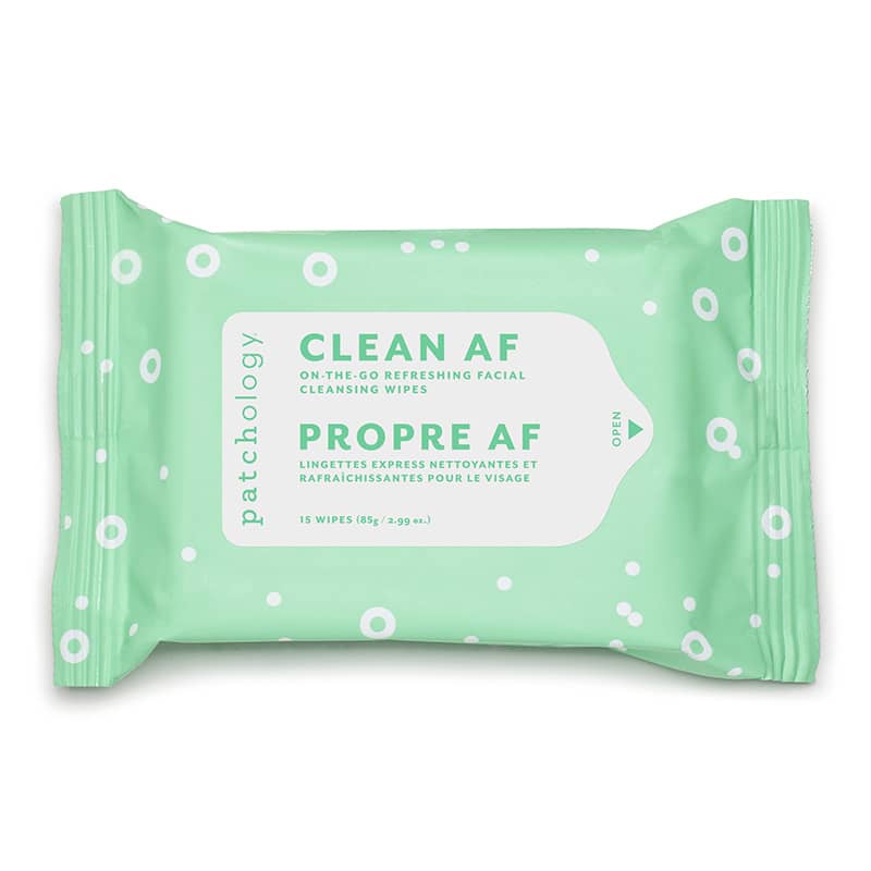 Single 15 wipes of Patchology Clean AF Cleansing Wipes in individual green pouches with white dots and text displaying the product name and count.