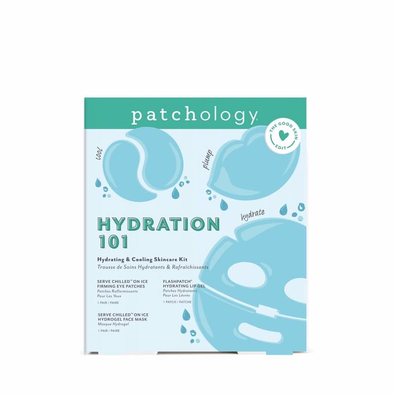 Patchology Hydration 101 skincare kit packaging on a white background
