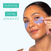 Woman applying hydrating and cooling skincare patches with text on a white background