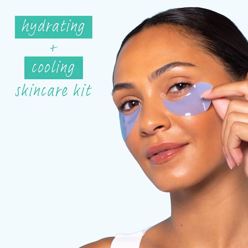 Woman applying hydrating and cooling skincare patches with text on a white background