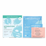 Light blue hydrating skincare kit box shown with its contents, a blue hydrogel face mask, blue eye patch packet, and peach lip gel packet

