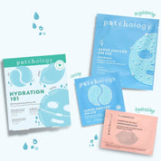 Light blue skincare kit box beside face mask, eye gel, and lip gel packets labeled brightening, cooling, and hydrating on a pale blue background