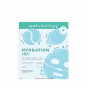 Light blue hydrating and cooling skincare kit box illustrated with eye patches, a lip gel, and a face mask labeled cool, plump, and hydrate.