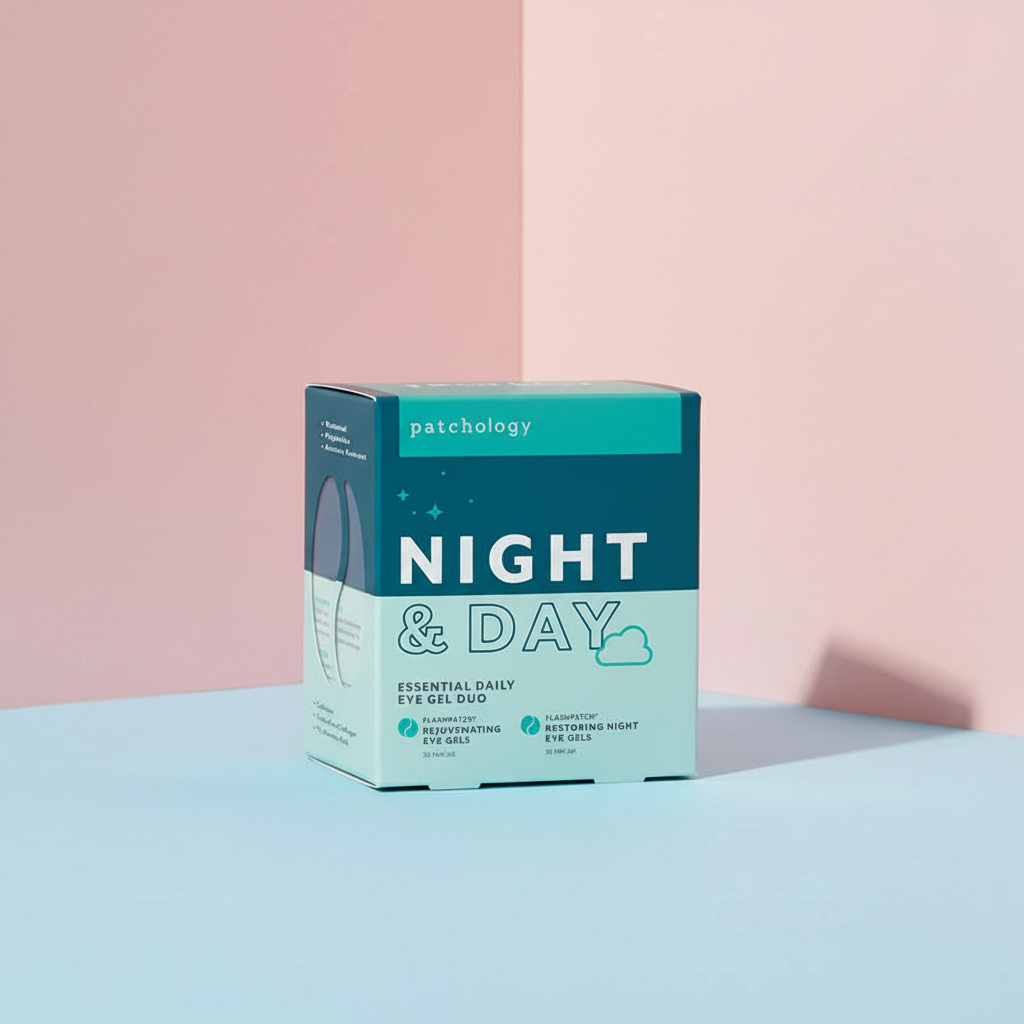 Box of Patchology Night & Day eye gel pads on a pink and blue gradient background