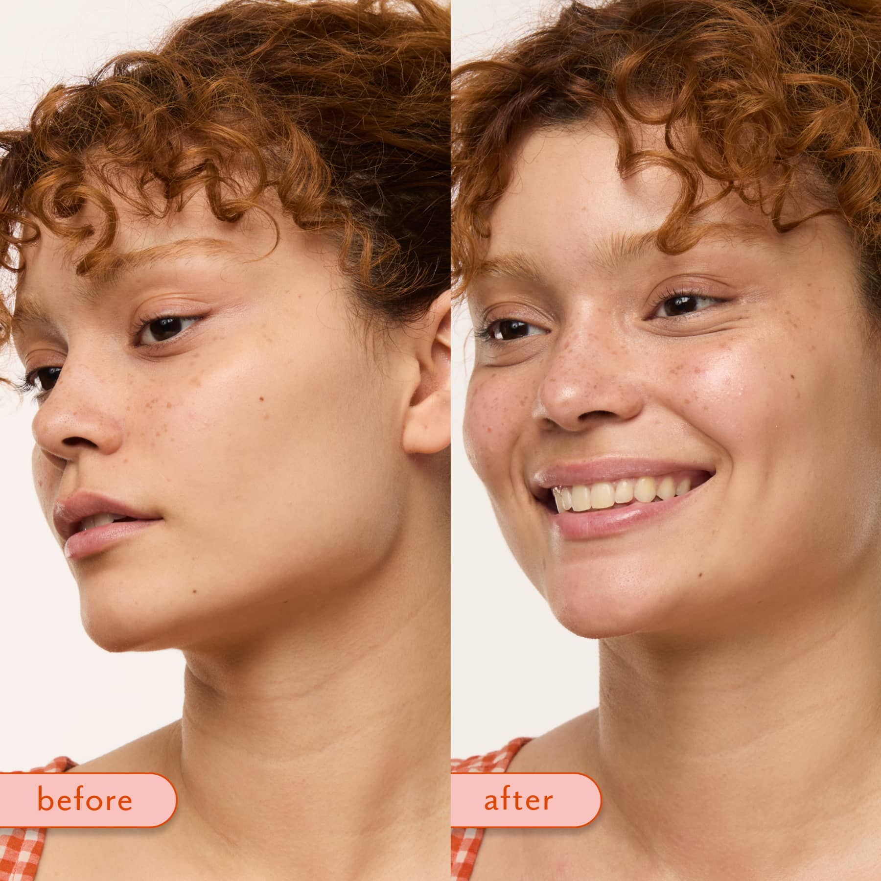 Before and after split screen comparison of a woman with curly auburn hair, showing a skincare or makeup result on her face against a light beige background.