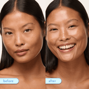 Before-and-after split comparison of a woman's face showing a skincare or makeup result. The left side labeled 'before' shows a matte, natural complexion, and the right side labeled 'after' shows a brighter, more radiant, and evenly lit complexion.