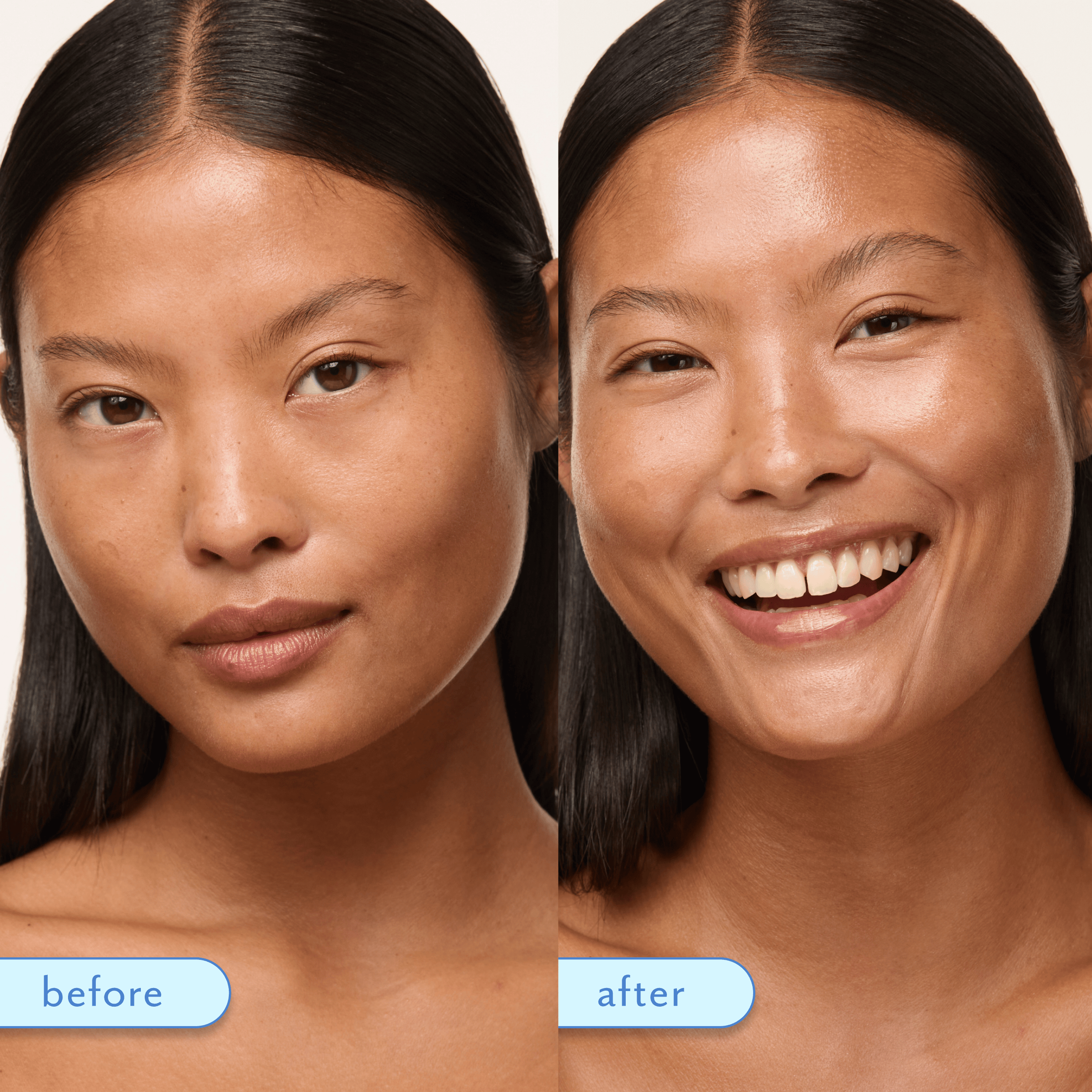 Before-and-after split comparison of a woman's face showing a skincare or makeup result. The left side labeled 'before' shows a matte, natural complexion, and the right side labeled 'after' shows a brighter, more radiant, and evenly lit complexion.