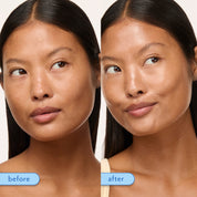 Before-and-after split comparison of a woman's face showing a skincare or makeup result, with the left side labeled 'before' and the right side labeled 'after' on a light neutral background.