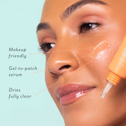 Woman applying a gel-to-patch serum to her face with text highlighting features.