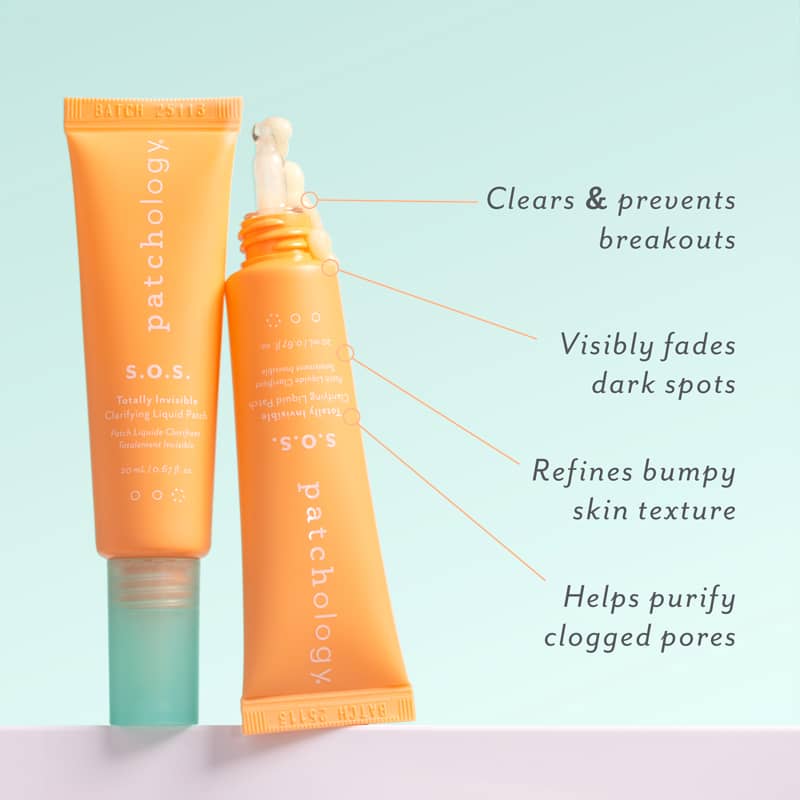 Patchology skincare products with text highlighting their benefits on a light blue background visibly fades dark spots and bumpy texture