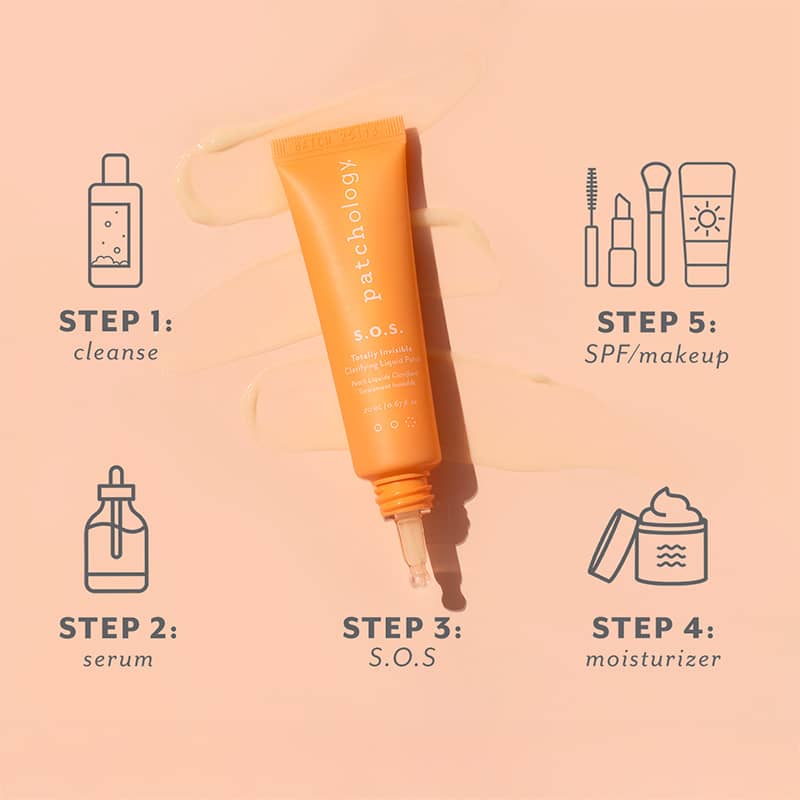 Patchology SOS serum bottle with skincare steps on a peach background