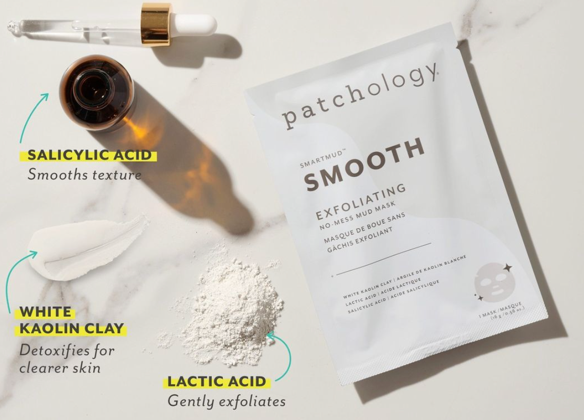 Patchology SmartMud Smooth exfoliating mud mask pouch with salicylic acid, lactic acid and white kaolin clay on marble surface