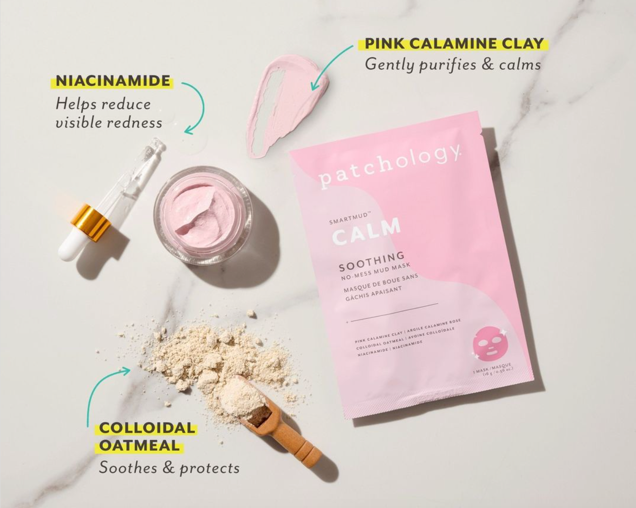 Patchology SmartMud Calm soothing mud mask pouch with pink calamine clay, niacinamide and oatmeal on marble surface