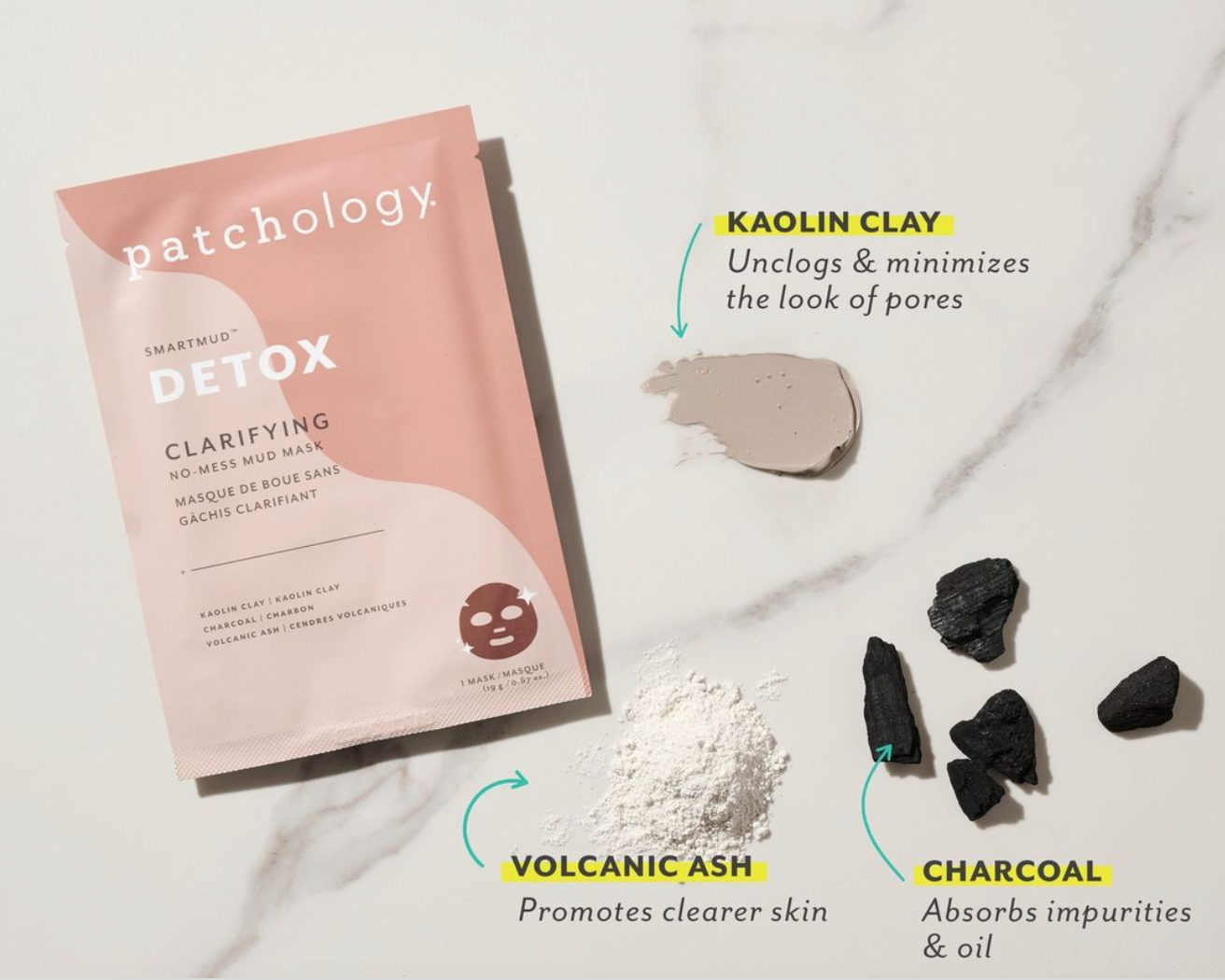 Patchology SmartMud Detox clarifying mud mask pouch with kaolin clay, volcanic ash and charcoal on marble surface