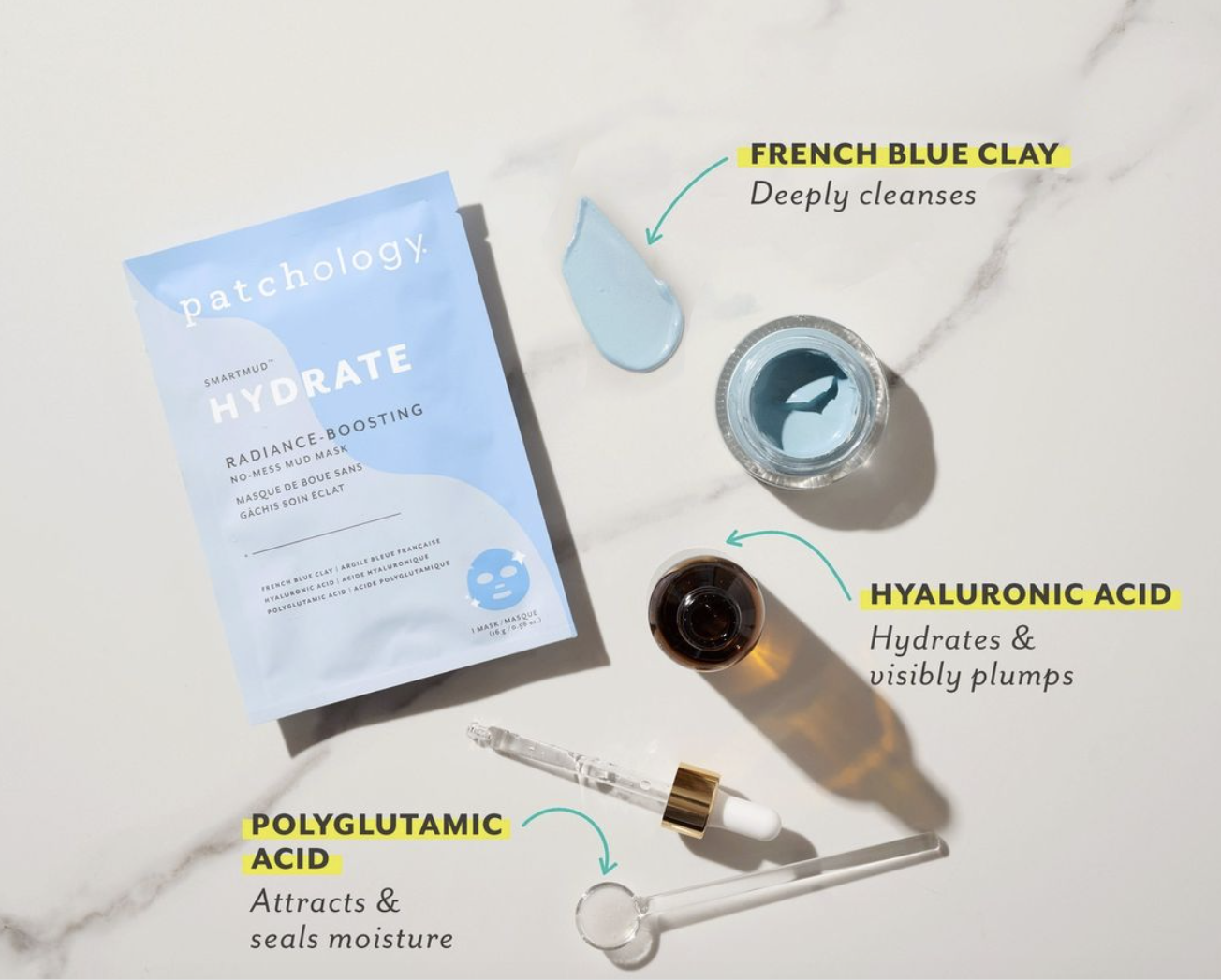 Patchology SmartMud Hydrate radiance-boosting mud mask pouch with French blue clay, hyaluronic and polyglutamic acid on marble surface
