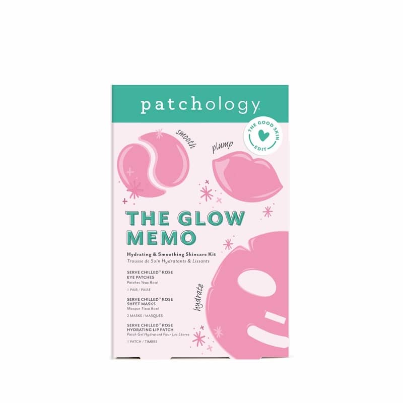 Pink hydrating skincare kit box illustrated with rosé eye patches, a lip patch, and a sheet mask labeled smooth, plump, and hydrate
