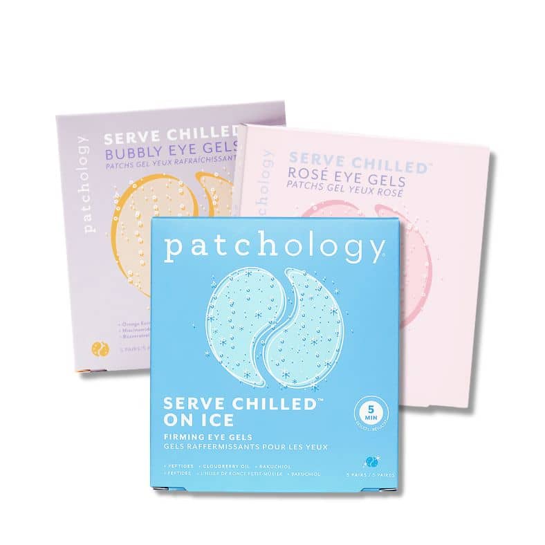 Patchology Serve Chilled eye gel collection featuring On Ice, Rosé, and Bubbly variants, highlighting refreshing and firming under-eye treatments
