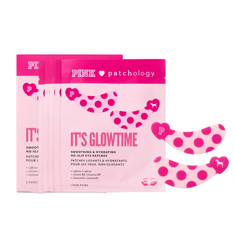 Pink Patchology 'It's Glowtime' smoothing and hydrating no-slip eye patches, shown with three individual packet packs and two matching polka-dot patch sheets on a white background.