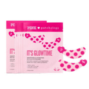 Pink Patchology 'It's Glowtime' smoothing and hydrating no-slip eye patches, shown with three individual packet packs and two matching polka-dot patch sheets on a white background.