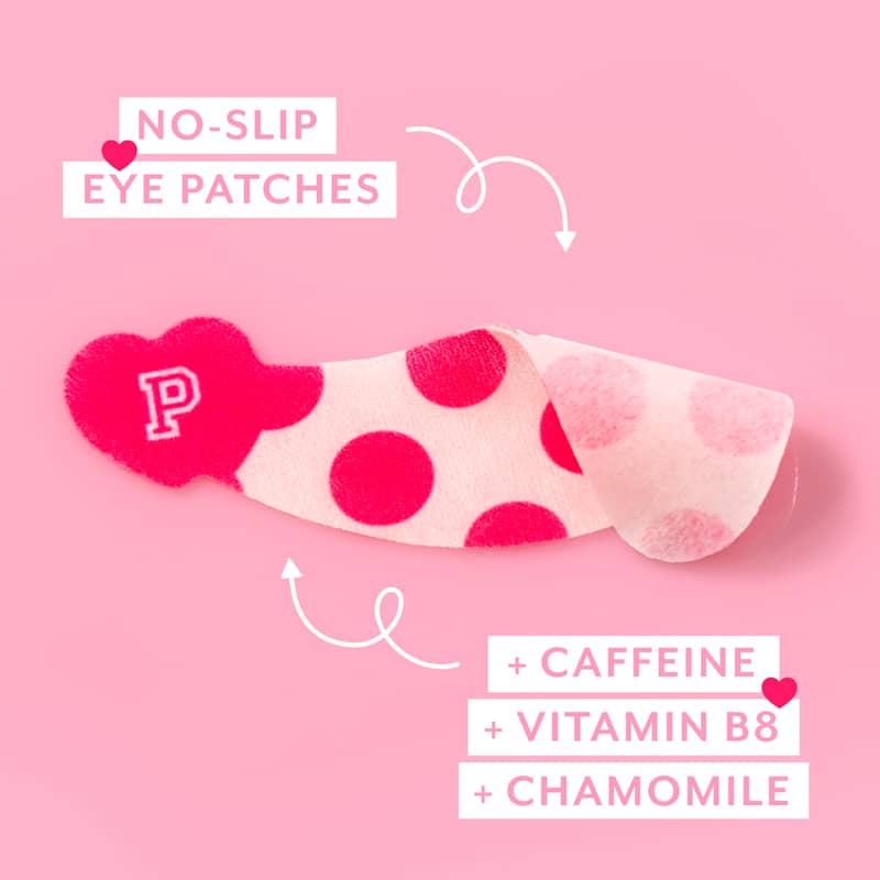 A pink and white polka dot no-slip eye patch with a red heart-shaped patch featuring a white letter 'P' on the side, shown on a pink background with text overlays highlighting its features.