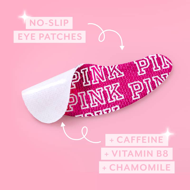 A single pink and white PINK brand no-slip eye patch shown on a light pink background with callout text highlighting features like no-slip eye patches, caffeine, vitamin B8, and chamomile.