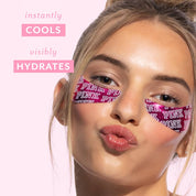 A close-up of a woman with pink Victoria's Secret PINK eye tape applied to her under-eye areas, set against a solid light pink background with promotional text that reads 'instantly COOLS visibly HYDRATES'.