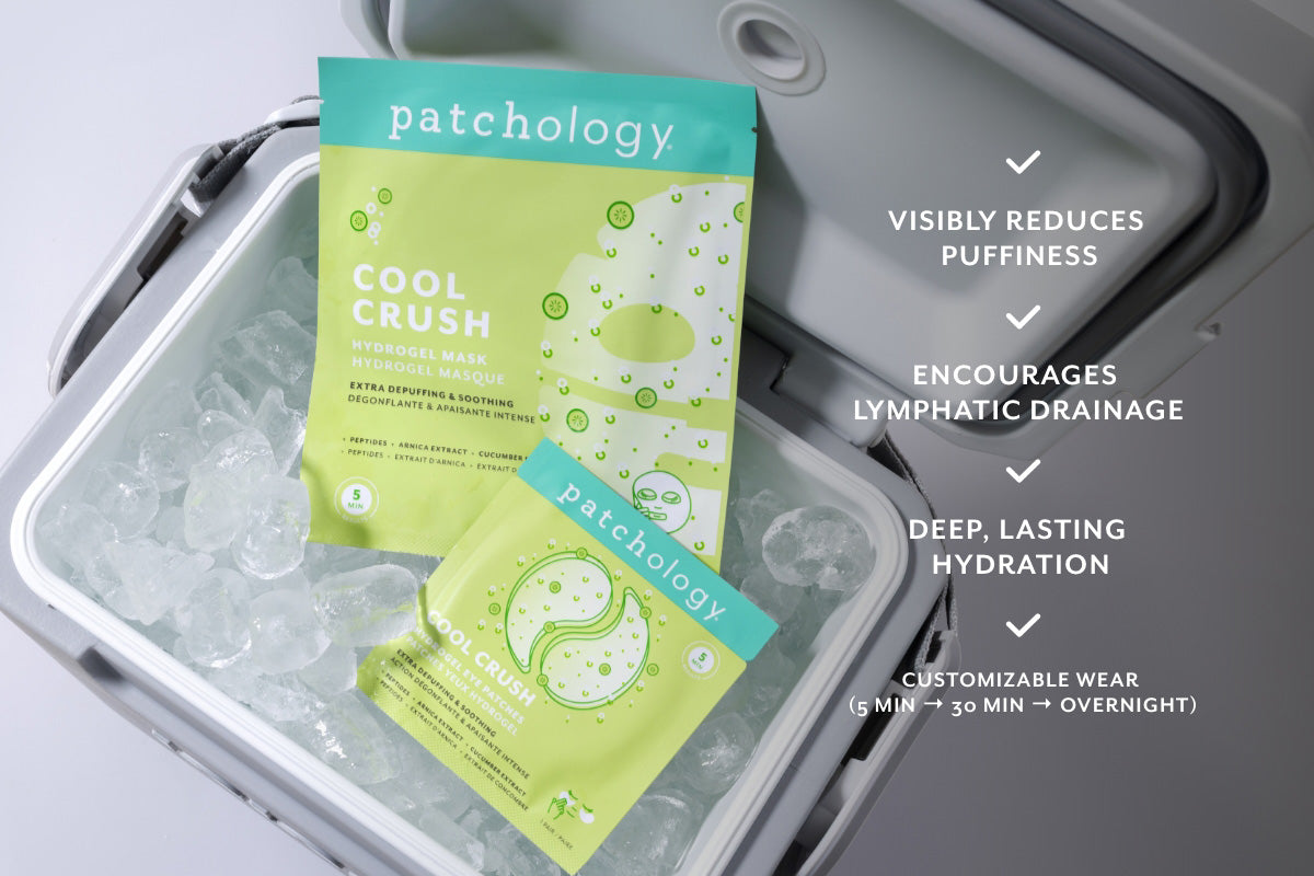 Patchology Cool Crush eye masks in a container with product features listed.