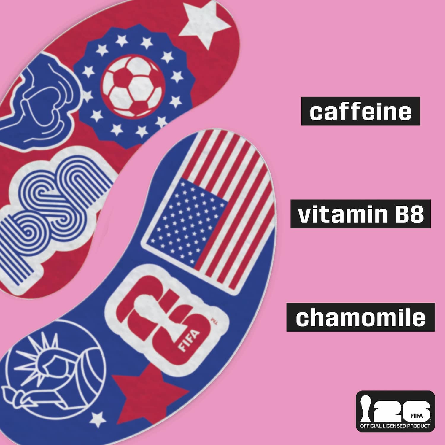 Under-eye patches with sports-themed skincare on a pink background, featuring text labels for caffeine, vitamin B8, and chamomile. With the FIFA logo.