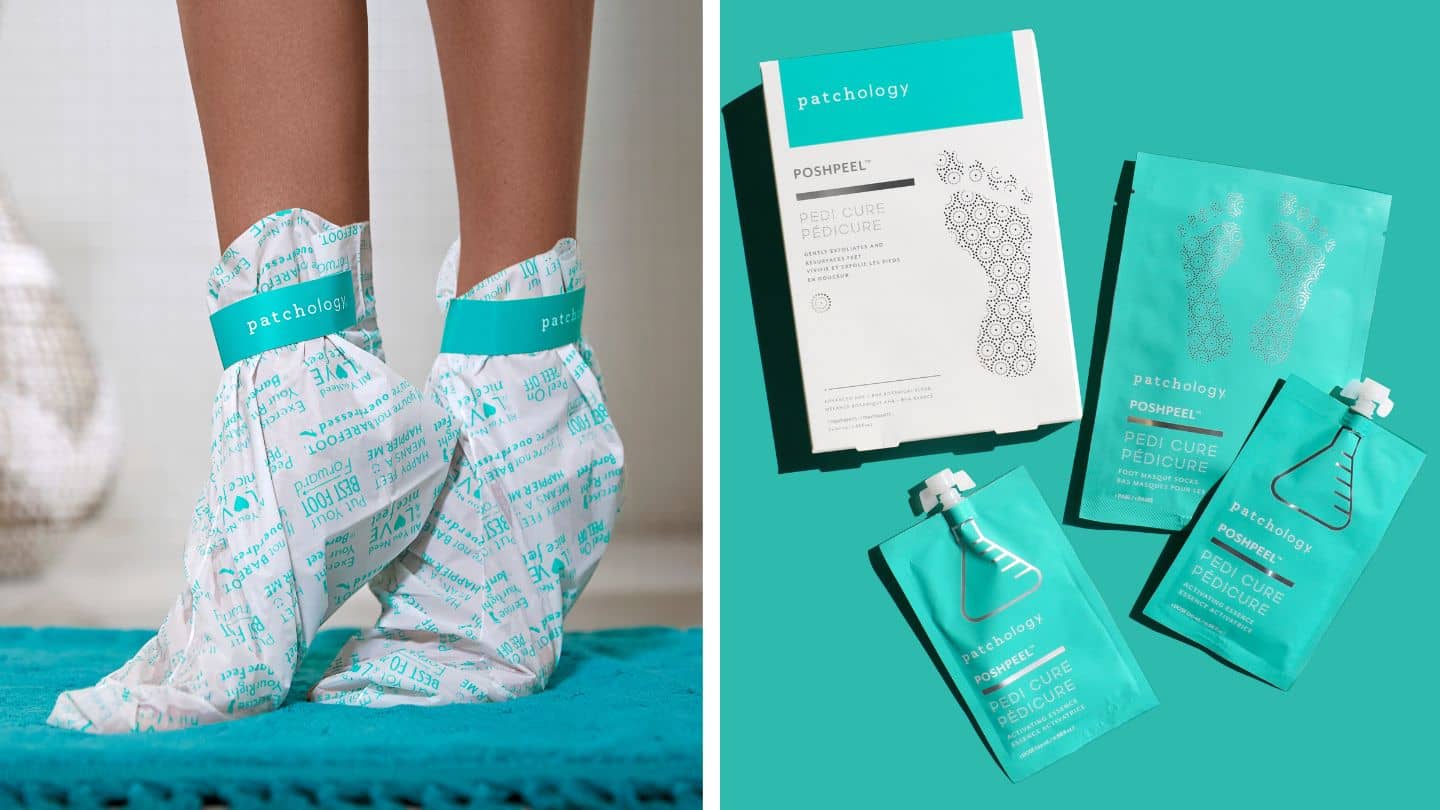 Feet wearing Patchology foot peel booties alongside the PoshPeel pedicure kit packaging, showcasing an at-home exfoliating foot treatment for smoother, softer skin

