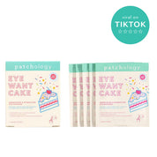 Patchology Eye Want Cake eye patches shown with one outer box and four single-use pouches fanned out beside it on a white background, with a teal circular TikTok badge in the top right.