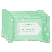 Four packs of Patchology Clean AF Cleansing Wipes in individual green pouches with white dots and text displaying the product name and count.