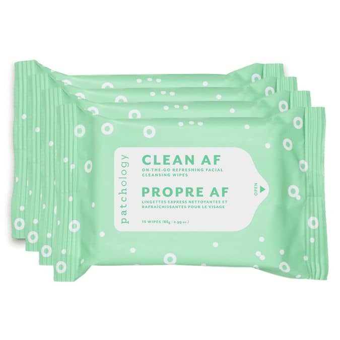 Four packs of Patchology Clean AF Cleansing Wipes in individual green pouches with white dots and text displaying the product name and count.