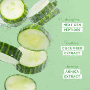Cucumber slices with text highlighting cool crush ingredients on a green background