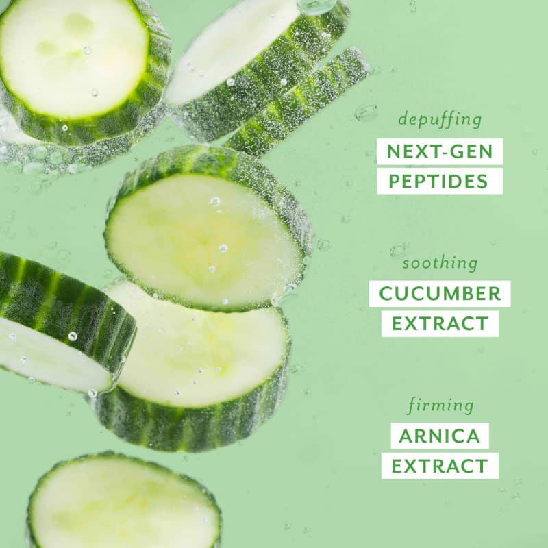 Cucumber slices with text highlighting ingredients on a green background