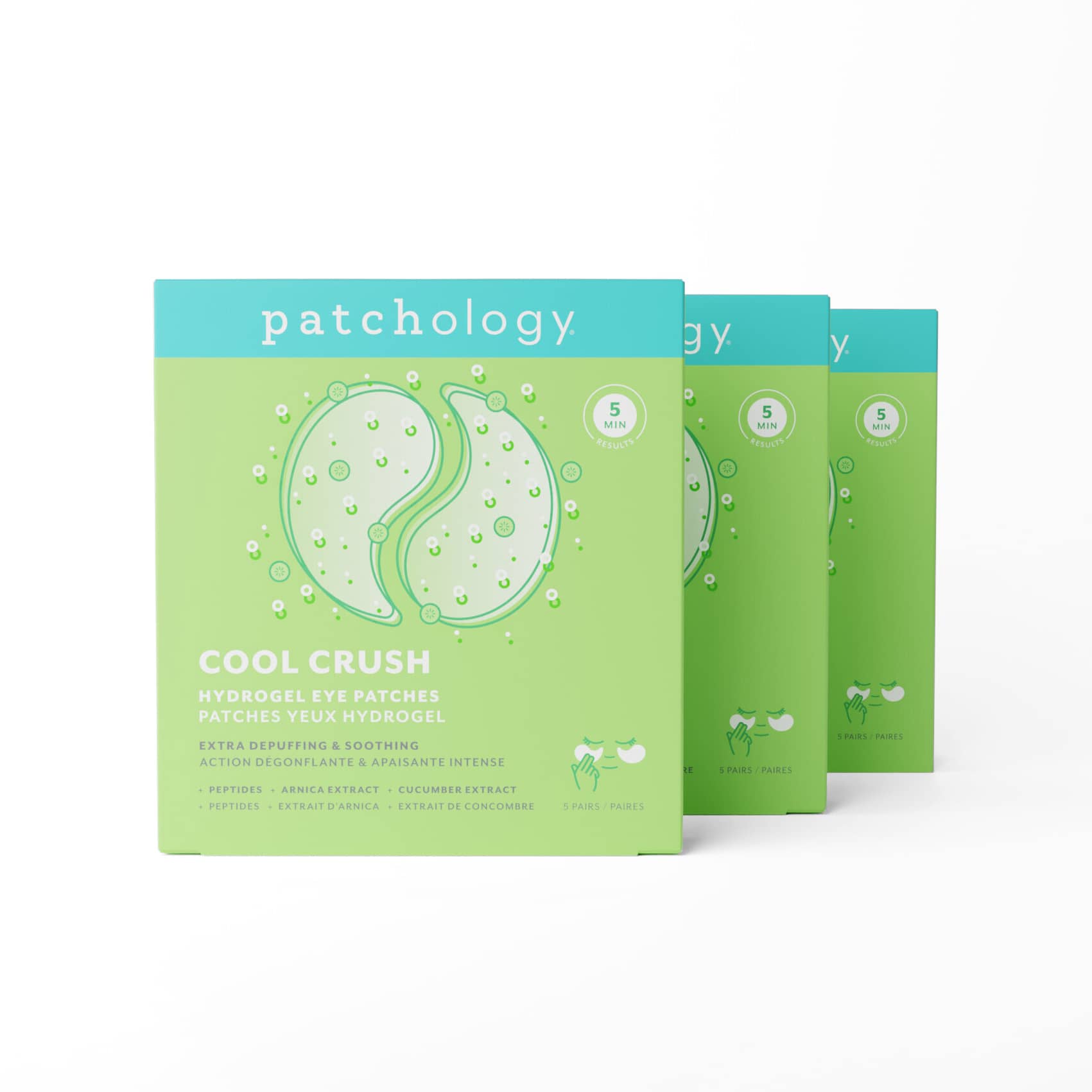 Three boxes of Patchology Cool Crush hydrogel eye patches on a white background