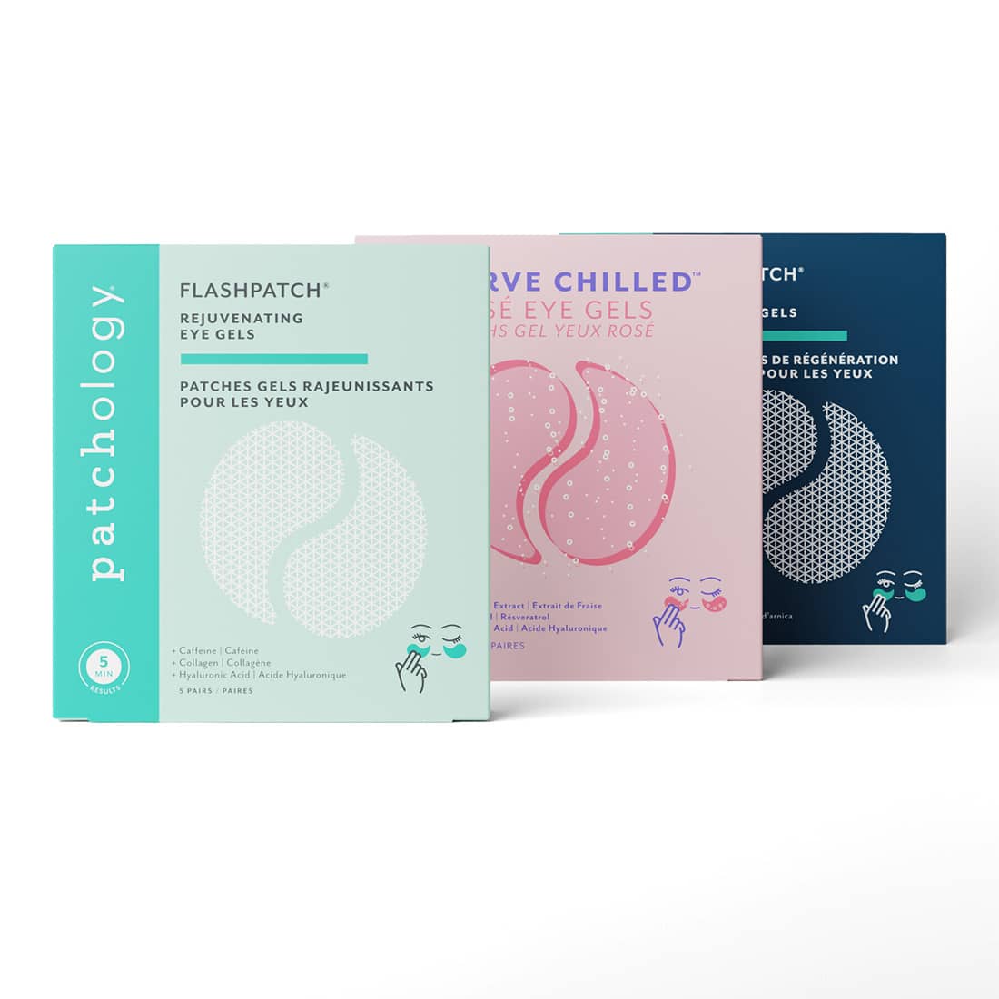 Three boxes of Patchology eye gel products on a white background
